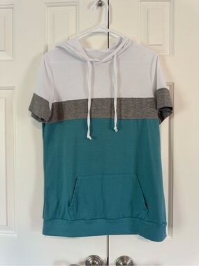 Colorblock Short Sleeve Hoodie - White, Gray, Teal